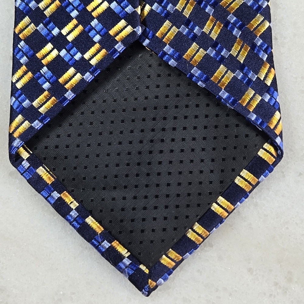 Allyn St. George Silk Tie Blue Gold Yellow Geometric Square Pattern Professional - Picture 4 of 7